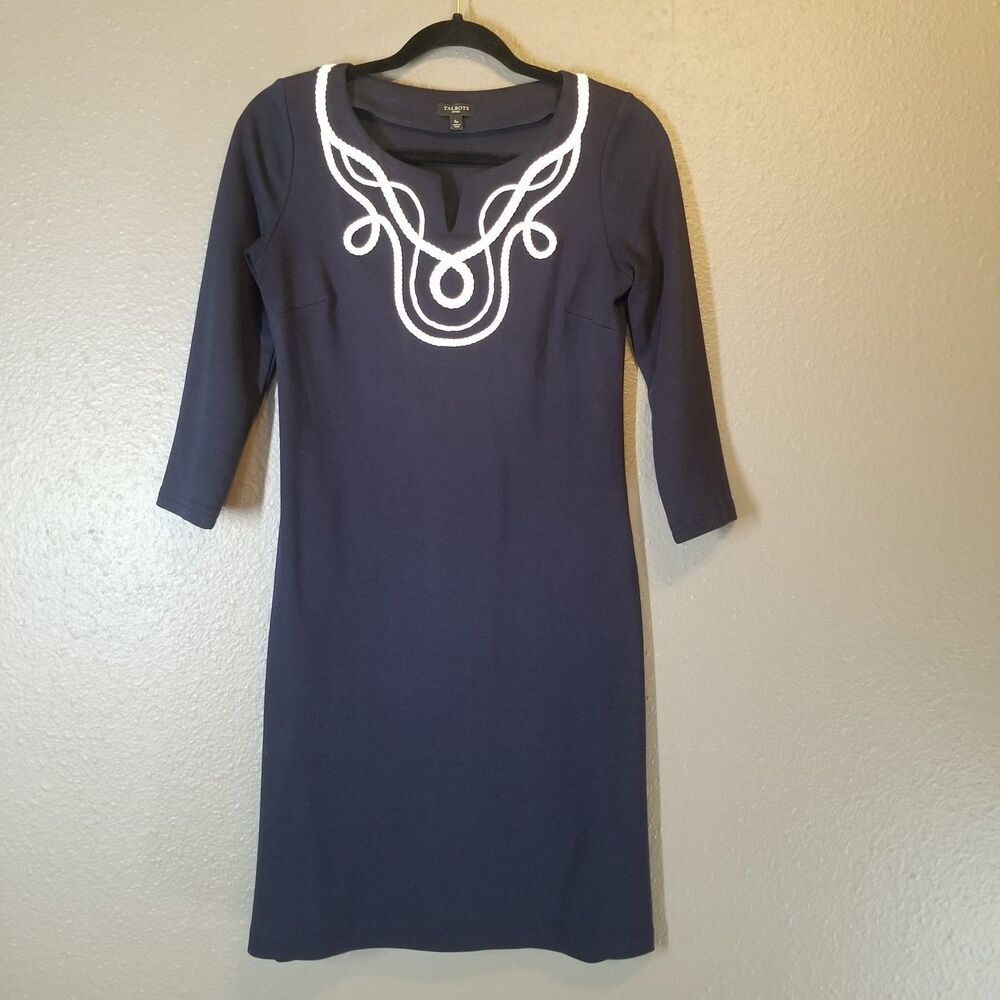 Talbots SP Petite Dress Knee Length Navy Blue Nautical Coastal Preppy Old Money